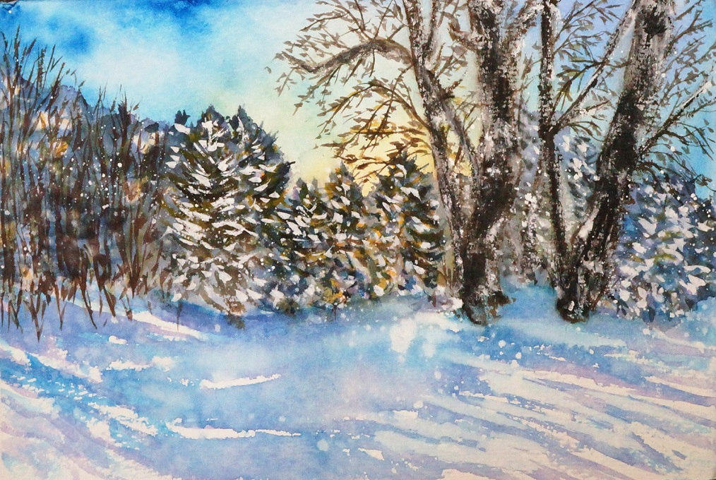 cloud cloudy_sky commentary_request cxykinya day landscape nature no_humans original outdoors scenery sky snow traditional_media tree watercolor_(medium) winter
