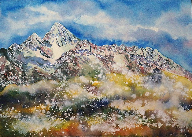 cloud cloudy_sky commentary_request cxykinya day landscape mountain nature no_humans original outdoors scenery sky snow snowing traditional_media watercolor_(medium) winter