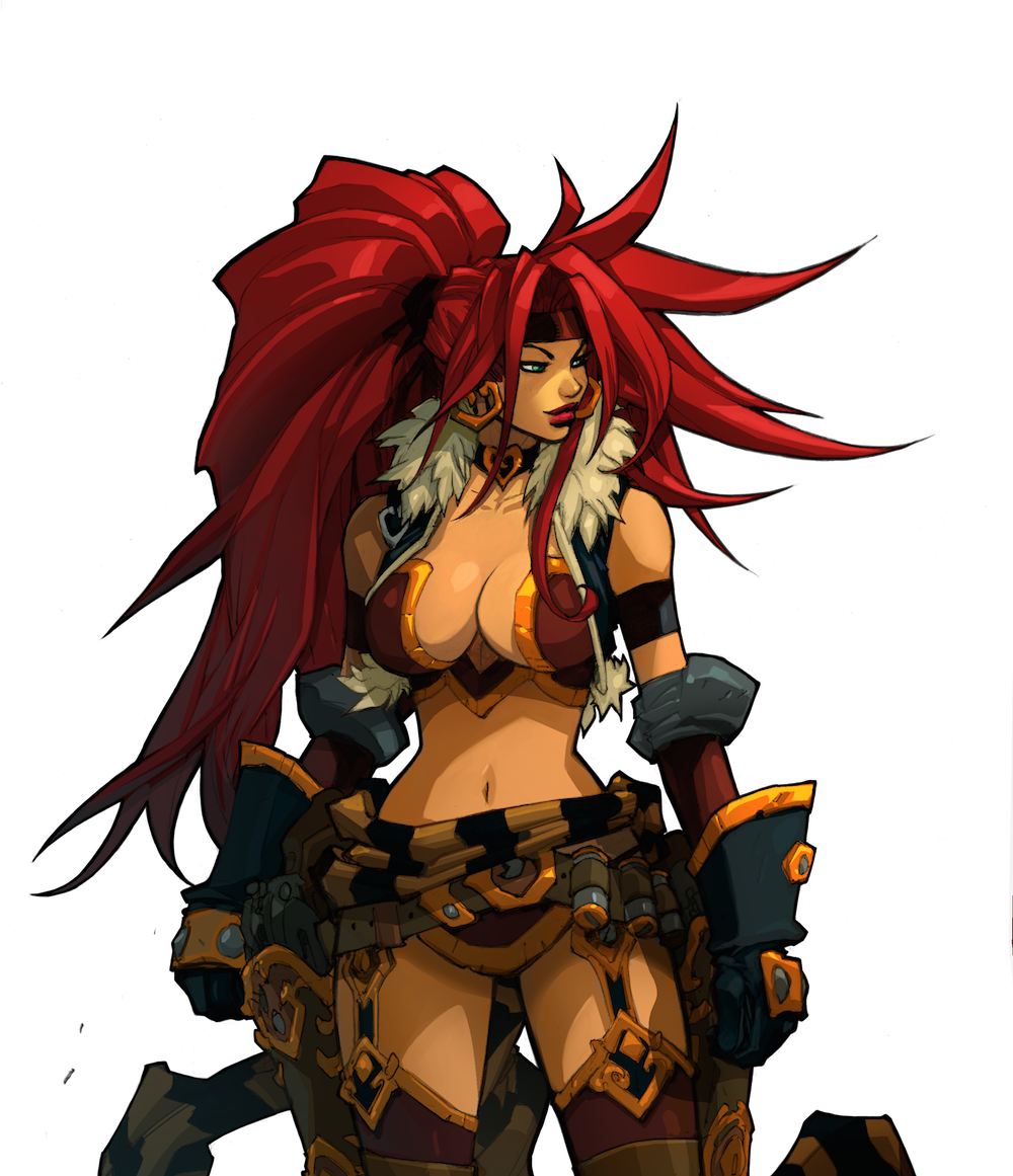 1girl battle_chasers breasts cleavage green_eyes large_breasts long_hair midriff navel official_art red_hair red_monika