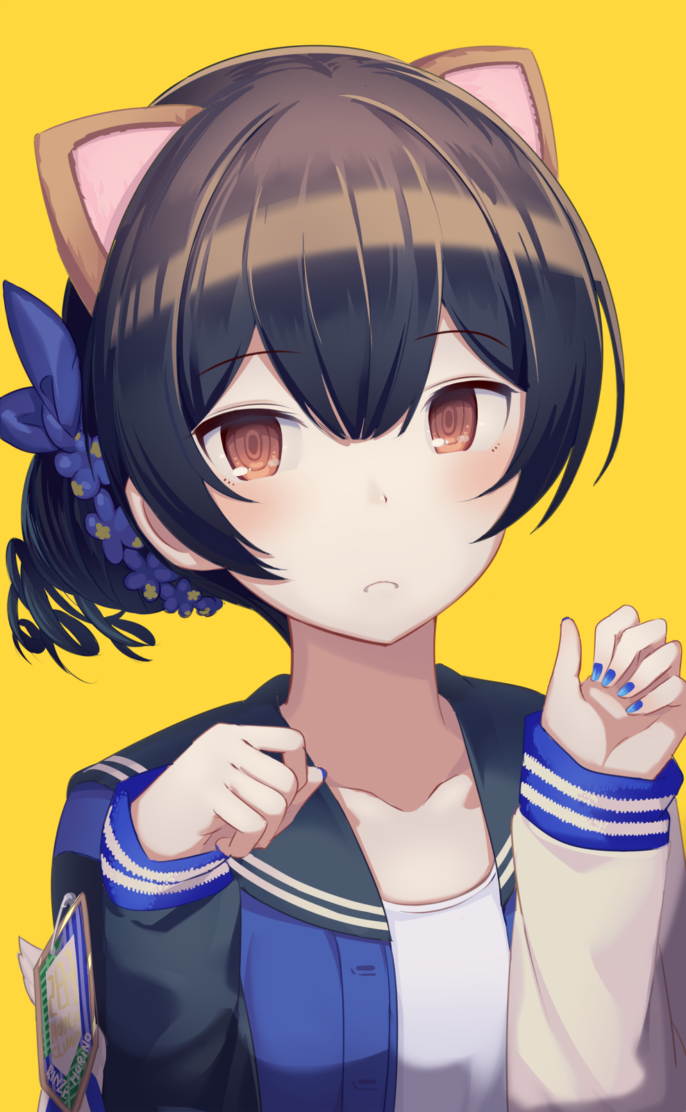 animal_ears blue_bow blue_hair blue_jacket blue_nails blue_scrunchie blush bow brown_eyes cat_ears commentary emblem eyebrows_visible_through_hair hair_ornament hair_scrunchie highres idolmaster idolmaster_shiny_colors jacket kemonomimi_mode long_sleeves looking_at_viewer mismatched_sleeves morino_rinze nail_polish open_mouth paw_pose scrunchie shirt short_hair solo white_shirt yellow_background yoshika_(music480069)