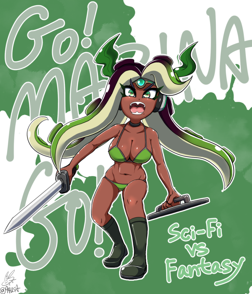 1girl bikini black_hair blush boots breasts character_name choker cleavage collarbone dark_skin english fangs female full_body gradient_hair green_background green_bikini green_eyes green_footwear green_hair heart-shaped_pupils holding holding_sword holding_weapon iida_(splatoon) knee_boots large_breasts mole multicolored_hair navel open_mouth outline shield shiny_skin signature simple_background skindentation solo splatoon splatoon_2 standing swimsuit sword symbol-shaped_pupils teeth tentacle tentacle_hair text tiara tongue two-tone_background usa_(dai9c_carnival) weapon