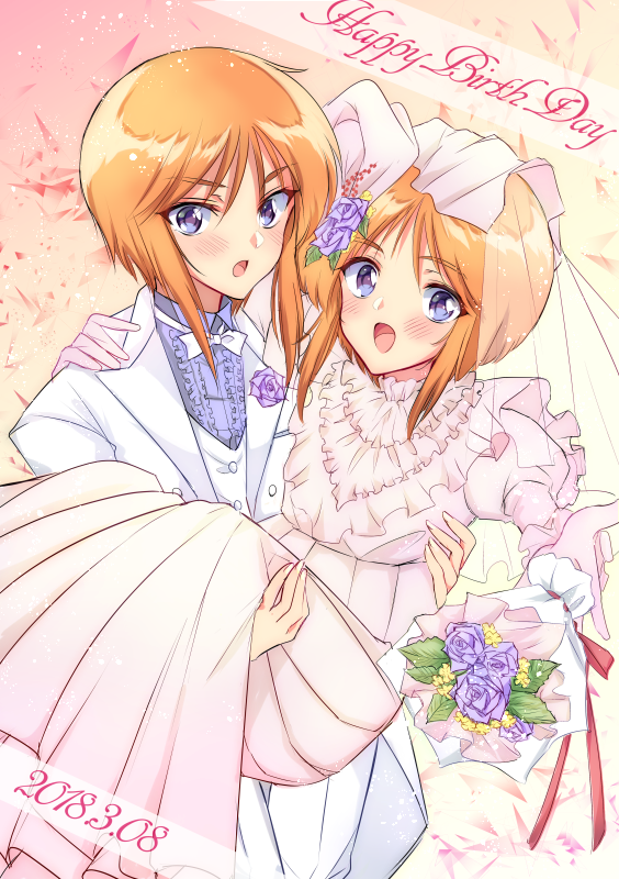 bouquet bow bowtie bridal_veil bride carrying clone commentary_request crossdressing dated dress elpeo_puru flower frilled_dress frills gradient gradient_background gundam gundam_zz happy_birthday hato-as long_sleeves looking_at_viewer multiple_girls open_mouth orange_hair princess_carry purple_eyes puru_two reverse_trap short_hair sidelocks standing tuxedo veil wedding_dress wife_and_wife yuri