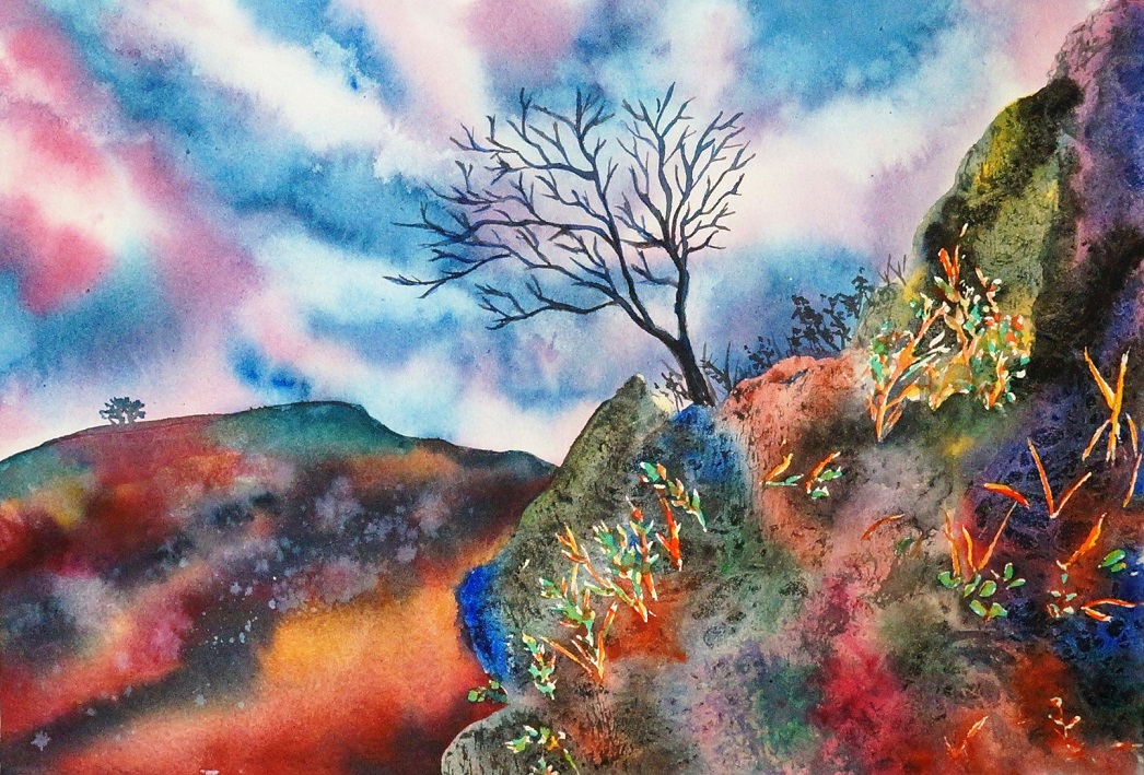 commentary_request cxykinya landscape multicolored nature no_humans original outdoors plant scenery sky traditional_media tree watercolor_(medium)