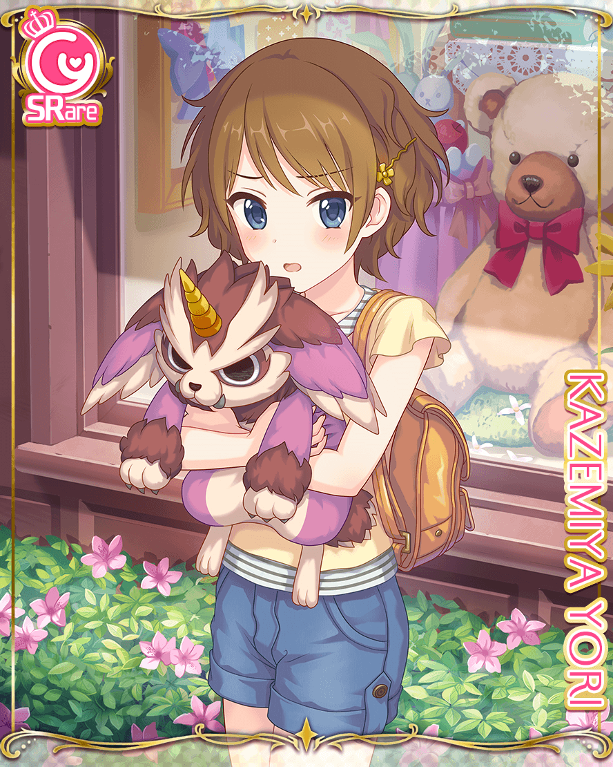 backpack bag blue_eyes brown_hair card_(medium) cygames hair_ornament hairclip kazemiya_yori object_hug official_art princess_connect! shorts stuffed_toy