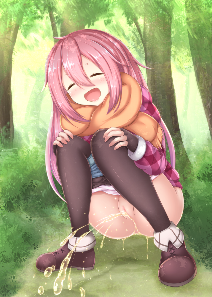 1girl black_pantyhose blush censored eyes_closed female full_body green_scarf hair_between_eyes jacket kagamihara_nadeshiko long_hair long_sleeves mosaic_censoring mumu_(mumunyan) open_mouth pantyhose pantyhose_pull peeing pink_hair plant pussy scarf shiny shiny_skin shoes solo squatting tree yurucamp