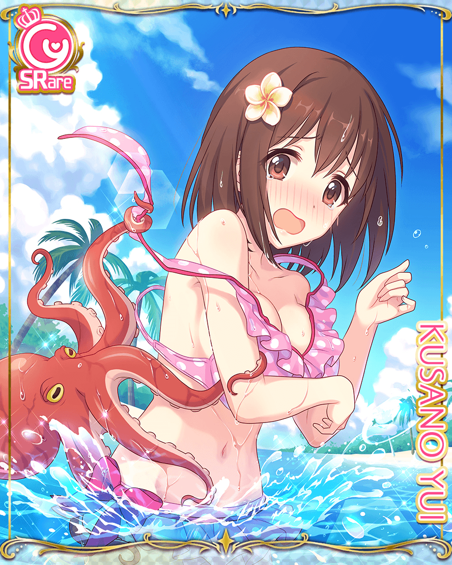 assisted_exposure breasts brown_eyes brown_hair card_(medium) cygames flower hair_flower hair_ornament kusano_yui medium_breasts octopus official_art princess_connect! swimsuit water