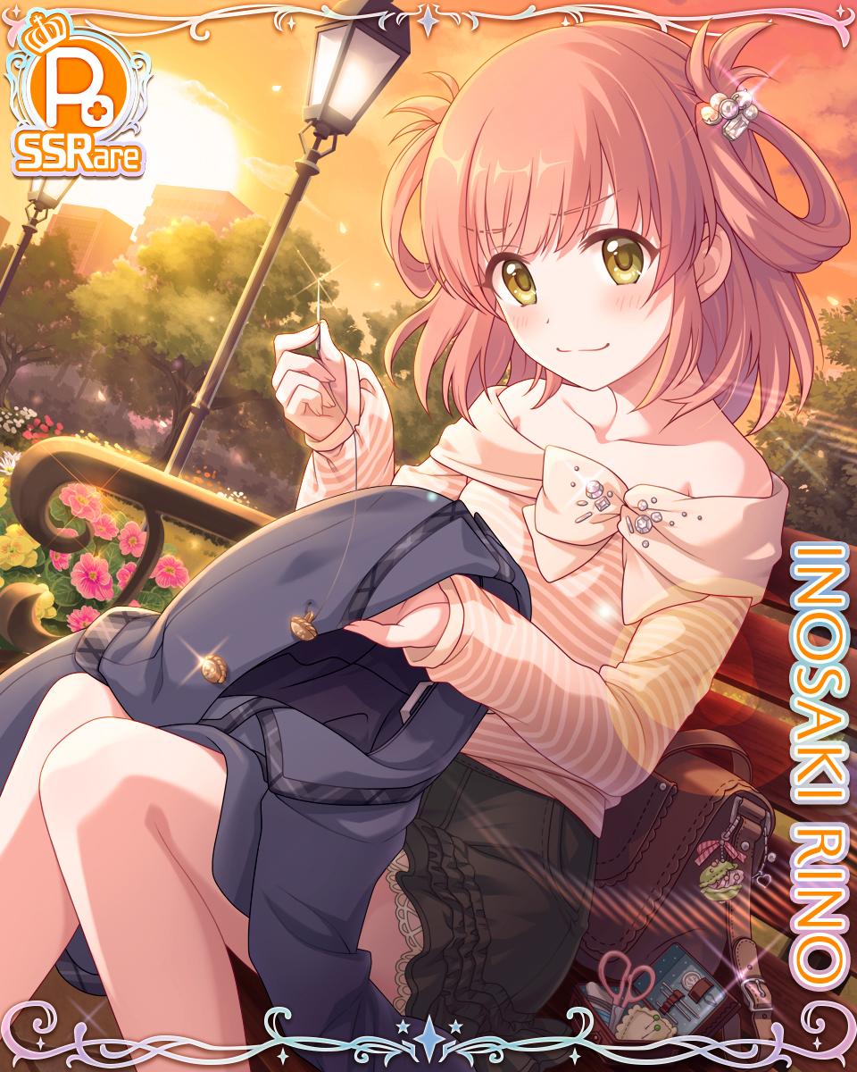 bare_shoulders bench brown_hair buttons card_(medium) cygames flower green_eyes hair_ornament highres inosaki_rino jacket miniskirt needle official_art princess_connect! sewing sewing_needle skirt sunset two_side_up