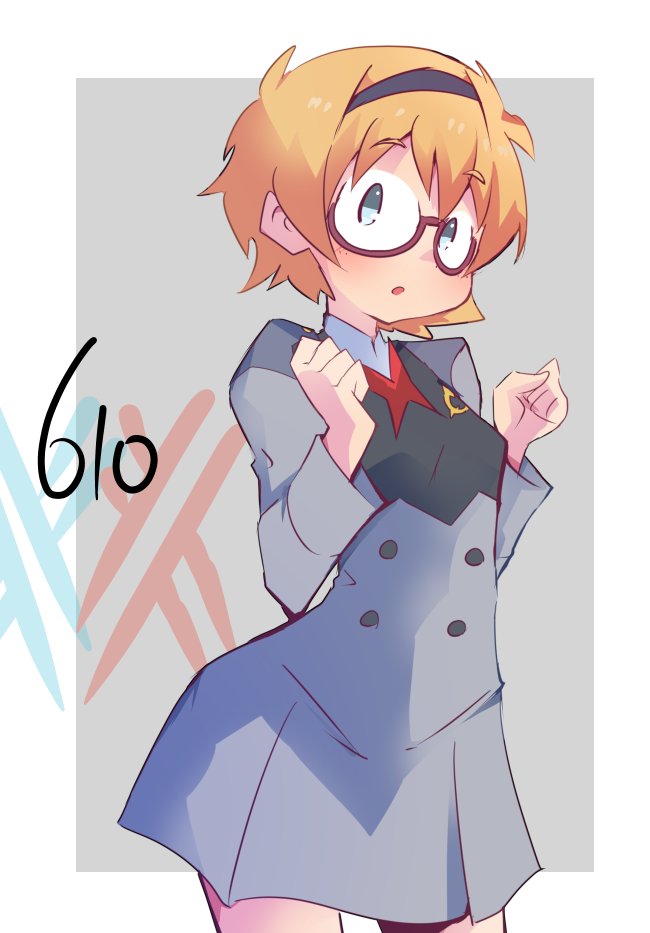 alternate_costume blonde_hair blush breasts commentary company_connection cosplay cowboy_shot darling_in_the_franxx glasses hairband hys-d little_witch_academia looking_at_viewer lotte_jansson short_hair small_breasts solo trigger_(company)