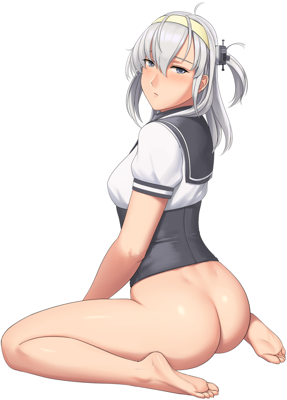 ass bangs barefoot black_sailor_collar blue_eyes blush bottomless breasts closed_mouth corset dimples_of_venus expressionless feet from_side full_body hair_between_eyes hairband highres kantai_collection long_hair looking_at_viewer looking_to_the_side lvl_(sentrythe2310) medium_hair one_side_up sailor_collar shiny shiny_hair shiny_skin shirt silhouette simple_background sitting small_breasts soles solo suzutsuki_(kantai_collection) very_long_hair wariza white_background white_shirt yellow_hairband