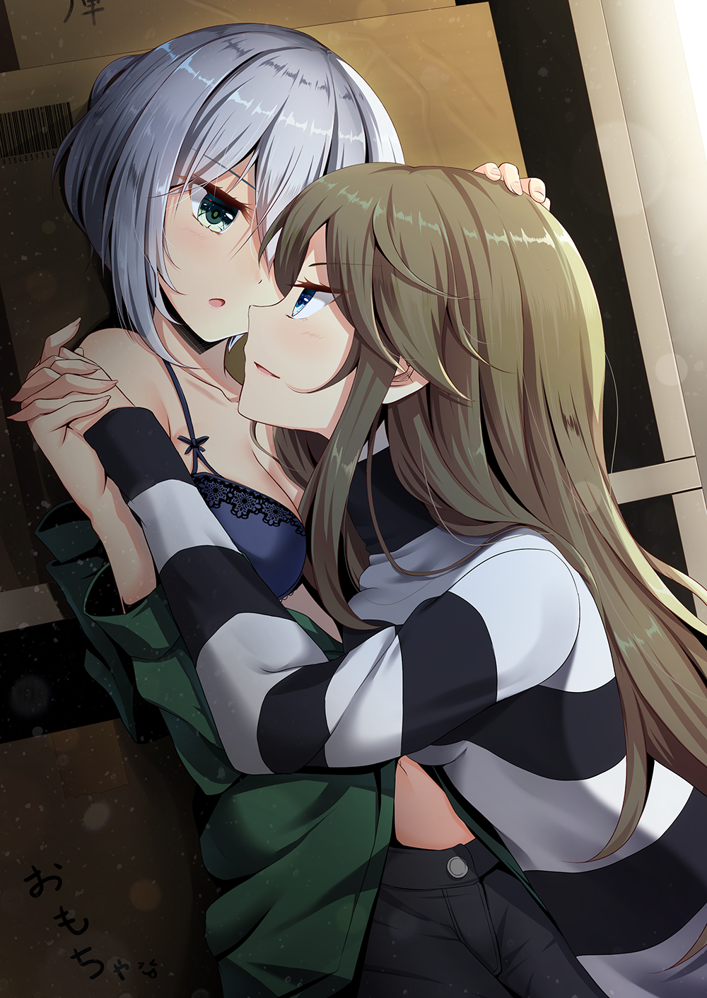 akine_(kuroyuri) barcode black_pants blue_bra blue_eyes box bra breasts brown_hair cardboard_box character_request commentary_request eyebrows_visible_through_hair green_eyes green_jacket hand_on_another's_head highres holding_hands jacket long_hair long_sleeves multiple_girls navel open_mouth pants shirt short_hair silver_hair small_breasts striped striped_shirt underwear yuri