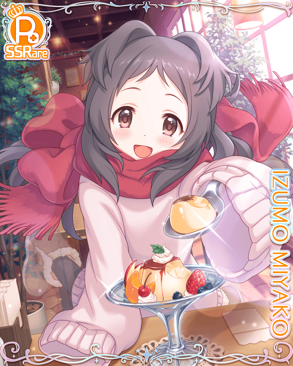 brown_eyes brown_hair card_(medium) cygames feeding food fruit ghost highres izumo_miyako official_art princess_connect! pudding scarf sleeves_past_wrists transparent
