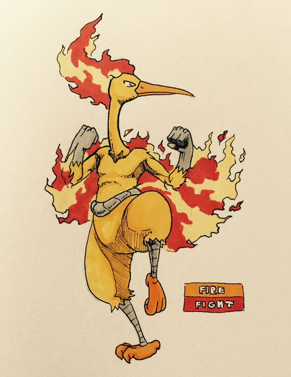 2017 4_fingers 4_toes anisodactyl anthro anthrofied avian bandage beak belly belt biceps biped bird claws clothed clothing english_text feather_tuft feathers fighting_stance fire firefightdex fist flaming_hair front_view frown full-length_portrait grey_eyes hair hatching_(technique) hi_res humanoid_hands leg_tuft legendary_pok&eacute;mon long_neck looking_away male marker_(artwork) mfanjul mixed_media moltres muscular muscular_male nintendo on_one_leg orange_beak orange_claws pants pecs pen_(artwork) pok&eacute;mon pok&eacute;mon_(species) pok&eacute;morph portrait raised_arm raised_leg red_hair shadow simple_background solo standing talons text toe_claws toes toony topless traditional_media_(artwork) tuft video_games white_background yellow_bottomwear yellow_clothing yellow_feathers