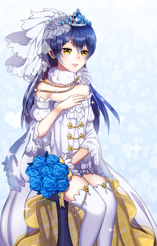 bangs blue_flower blue_hair blush bouquet bridal_veil commentary_request detached_sleeves dress eyebrows_visible_through_hair flower frills hand_on_own_chest long_hair love_live! love_live!_school_idol_project open_mouth shorts simple_background sitting solo sonoda_umi strapless strapless_dress thighhighs tiara tora_(tora_factory) veil wedding wedding_dress white_legwear yellow_eyes