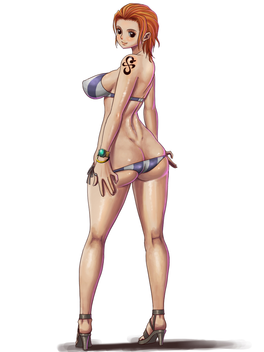 ass bangle bikini blush bracelet breasts butt_crack forehead from_behind full_body high_heels highres jewelry kneepits large_breasts log_pose nami_(one_piece) oil one_piece one_piece:_strong_world orange_hair shiny shiny_skin shoes side-tie_bikini simple_background solo standing sueyuu swimsuit tattoo thighs