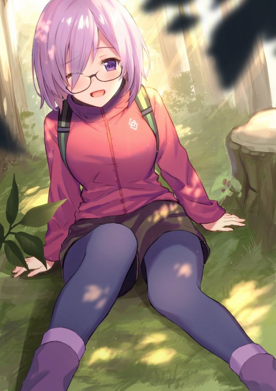 ;d alternate_costume arms_at_sides backpack bag black-framed_eyewear blurry blurry_foreground blush boots brown_shorts day depth_of_field eyes_visible_through_hair fate/grand_order fate_(series) feet_out_of_frame flower forest glasses hair_flower hair_ornament haru_(hiyori-kohal) jacket light_rays long_sleeves looking_at_viewer mash_kyrielight nature on_ground one_eye_closed open_mouth outdoors pantyhose pantyhose_under_shorts pink_hair purple_eyes purple_footwear purple_legwear red_jacket shiny shiny_hair short_hair shorts sitting smile solo sunbeam sunlight tree_stump