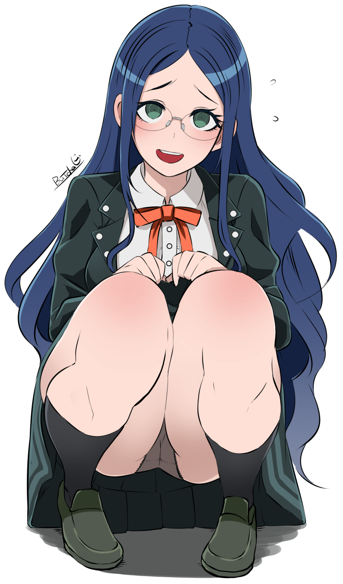 :d artist_name ass bangs black_footwear black_jacket black_legwear black_panties black_skirt blush butcha-u collared_shirt danganronpa flying_sweatdrops forehead full_body glasses green_eyes highres jacket kneehighs knees_together_feet_apart long_hair long_sleeves looking_at_viewer medium_skirt neck_ribbon new_danganronpa_v3 open_mouth panties pantyshot pantyshot_(squatting) parted_bangs red_neckwear red_ribbon ribbon rimless_eyewear round_teeth shirogane_tsumugi shirt shoes sidelocks simple_background skirt smile solo squatting teeth underwear upskirt very_long_hair wavy_hair white_background white_shirt wing_collar