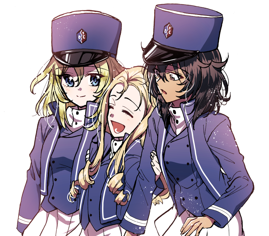 andou_(girls_und_panzer) arm_grab bc_freedom_(emblem) bc_freedom_military_uniform black_hair blonde_hair blue_eyes blue_hat blue_jacket blue_vest brown_eyes closed_mouth commentary_request dark_skin dress_shirt drill_hair emblem eyebrows_visible_through_hair france girls_und_panzer hat high_collar jacket laughing light_particles long_hair long_sleeves looking_at_another looking_at_viewer marie_(girls_und_panzer) military military_hat military_uniform miniskirt multiple_girls open_mouth oshida_(girls_und_panzer) parted_lips pleated_skirt shako_cap shirt shutou_mq simple_background skirt smile standing uniform vest white_background white_shirt white_skirt