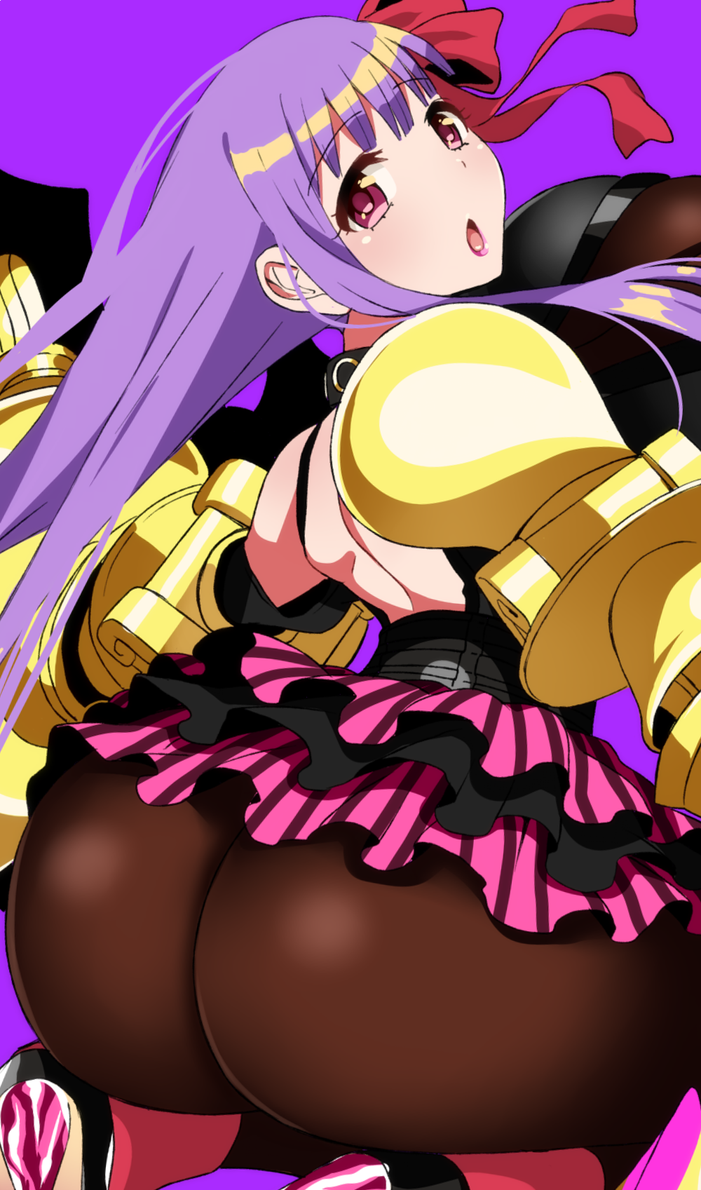 :o ass blush bouncing_breasts breasts claws close-up fate/extra fate/extra_ccc fate/grand_order fate_(series) gauntlets gigantic_breasts hair_ribbon high_heels highres kneeling komusou_(jinrikisha) long_hair looking_at_viewer looking_back open_mouth pantyhose passion_lip purple_background purple_hair ribbon simple_background skirt