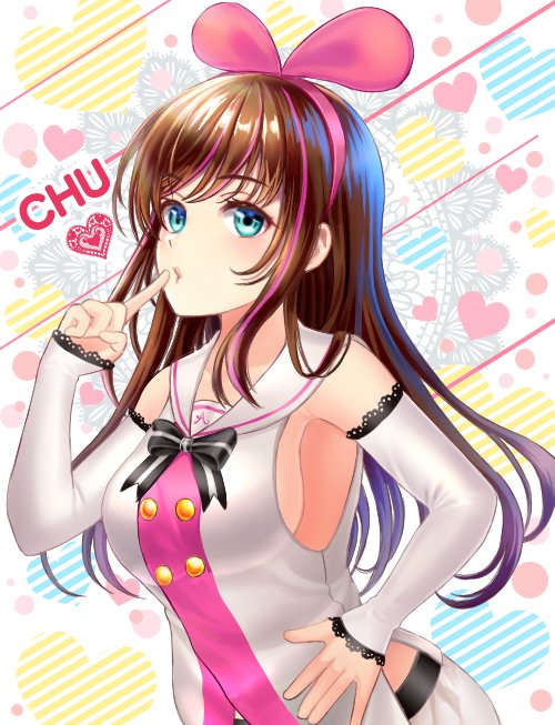 a.i._channel bad_id bad_twitter_id black_bow black_neckwear blown_kiss blue_eyes bow bowtie breasts brown_hair buttons collared_shirt commentary_request cowboy_shot detached_sleeves ear eyebrows_visible_through_hair finger_to_mouth hairband hand_on_hip heart heart_background kizuna_ai large_breasts long_hair midriff no_bra pink_hairband sailor_collar shirt sideboob sleeves_past_wrists solo uemura_shun virtual_youtuber white_sailor_collar white_shirt