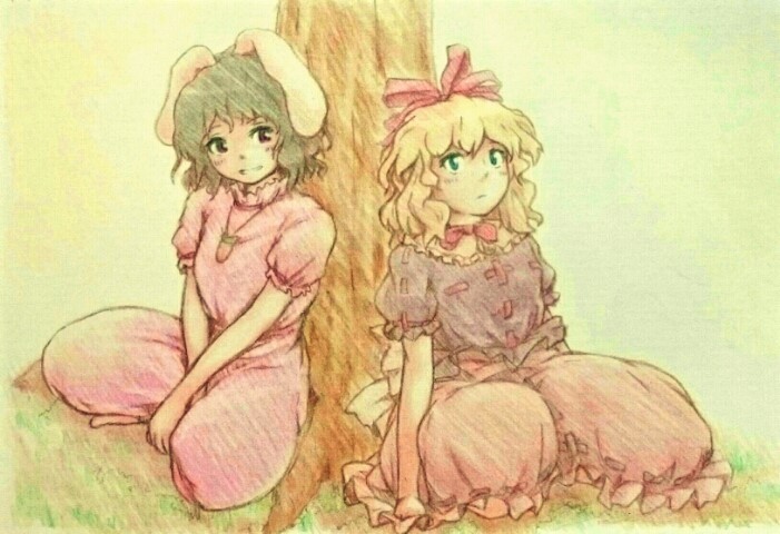 animal_ears arms_at_sides between_legs black_eyes black_hair blonde_hair blouse bunny_ears carrot_necklace colored_pencil_(medium) dress expressionless floppy_ears graphite_(medium) grass green_eyes grin hair_ribbon hand_between_legs head_tilt high_collar inaba_tewi indian_style kakera_(comona_base) looking_at_viewer looking_to_the_side medicine_melancholy multiple_girls outdoors pink_dress puffy_short_sleeves puffy_sleeves purple_blouse red_neckwear red_skirt ribbon short_hair short_sleeves sitting skirt smile touhou traditional_media tree under_tree