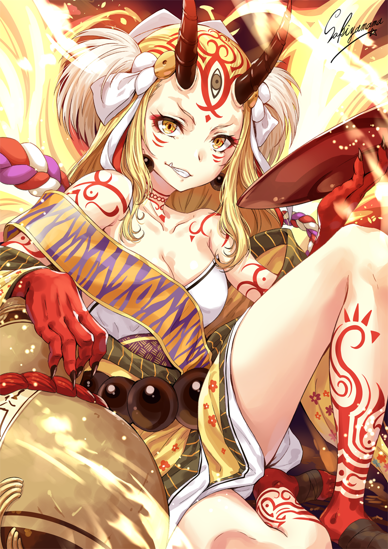 beads blonde_hair commentary_request facial_mark fang_out fate/grand_order fate_(series) fingernails horns ibaraki_douji_(fate/grand_order) japanese_clothes kimono off_shoulder oni oni_horns sakiyamama sharp_fingernails solo tattoo yellow_eyes yellow_kimono