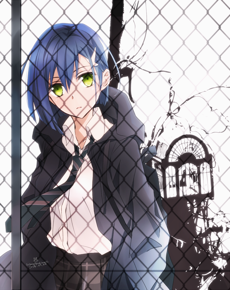 bangs black_hoodie black_neckwear blue_hair brown_skirt chain-link_fence collared_shirt commentary_request darling_in_the_franxx drawstring eyebrows_visible_through_hair fence green_eyes hair_between_eyes hair_ornament head_tilt hood hood_down hoodie ichigo_(darling_in_the_franxx) looking_at_viewer necktie open_clothes open_hoodie parted_lips plaid plaid_skirt pleated_skirt shirt short_hair skirt solo tsukimori_usako white_background white_shirt