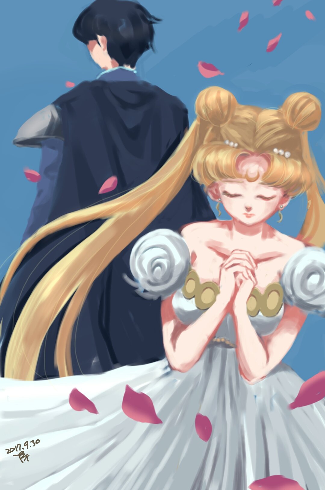 1girl 2017 bangs bare_shoulders bishoujo_senshi_sailor_moon black_hair blonde_hair blue_background cape chiba_mamoru closed_eyes closed_mouth dated detached_sleeves double_bun dress earrings endymion faux_traditional_media from_behind hair_ornament hairclip hands_together highres jewelry long_hair own_hands_together parted_bangs petals princess_serenity puchi_(wamsnzs) puffy_short_sleeves puffy_sleeves rose_petals sad short_hair short_sleeves simple_background tsukino_usagi twintails very_long_hair