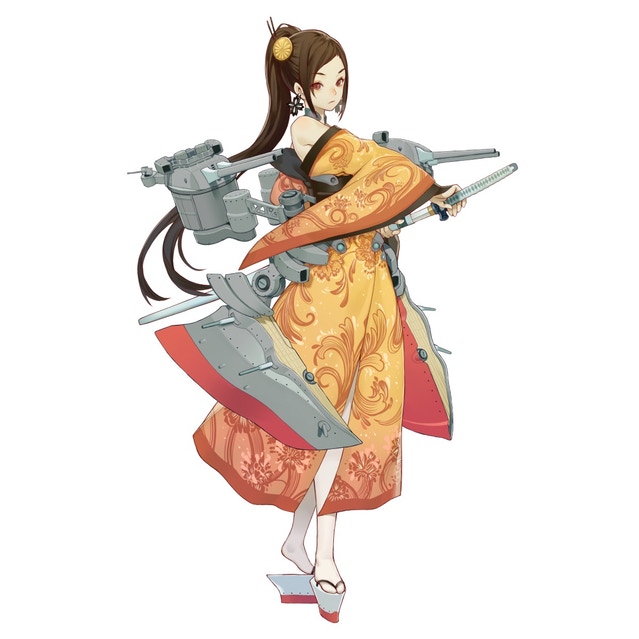 brown_hair cannon closed_mouth cross cross_earrings earrings full_body hair_ornament holding holding_sword holding_weapon japanese_clothes jewelry katana kimono long_hair looking_at_viewer machinery nagato_(victory_belles) official_art ponytail red_eyes salmon88 sheath simple_background solo standing sword turret unsheathing very_long_hair victory_belles weapon white_background yukata