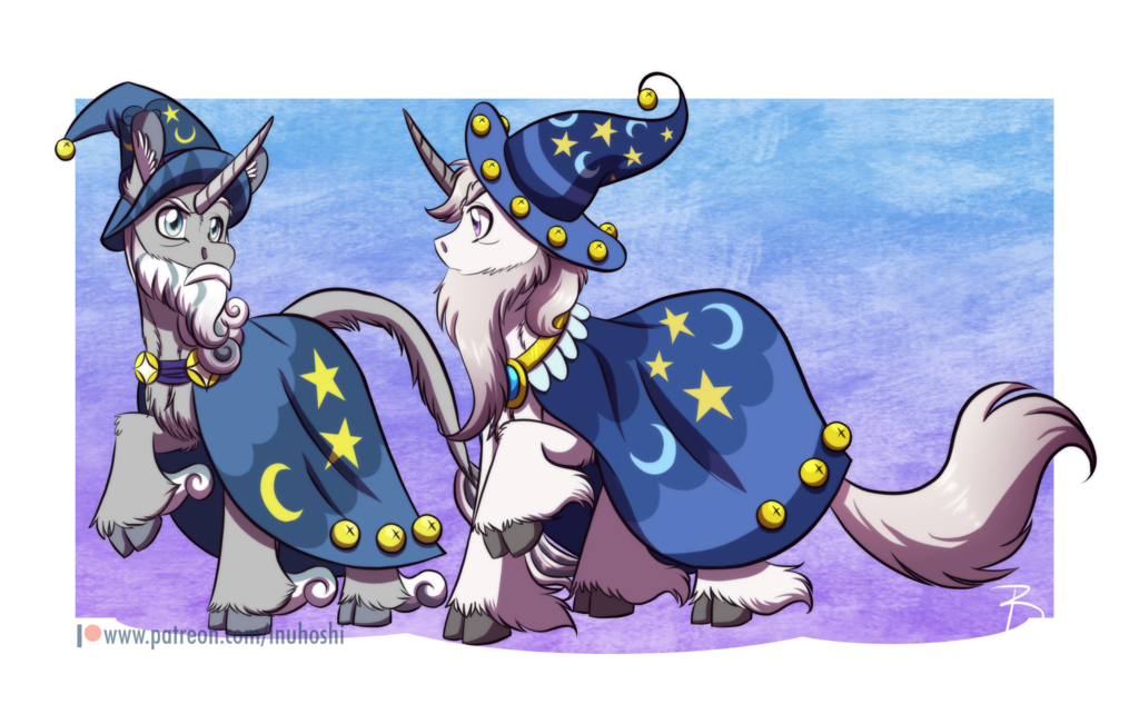 2018 beard bell blue_eyes cape clothing cloven_hooves duo equine facial_hair friendship_is_magic hat hooves horn inuhoshi-to-darkpen male mammal my_little_pony starswirl_the_bearded_(mlp) unicorn wizard_hat
