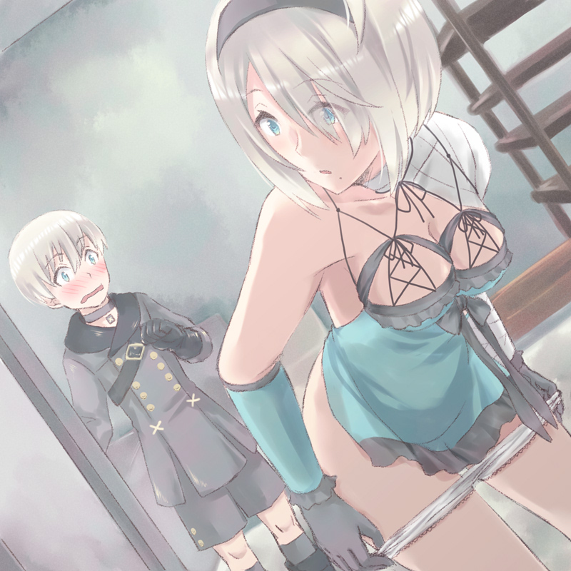 1boy 1girl android blue_eyes blush breasts cleavage gloves medium_breasts nier_(series) nier_automata nightgown panties panty_pull silver_hair underwear yorha_no._2_type_b yorha_no._9_type_s