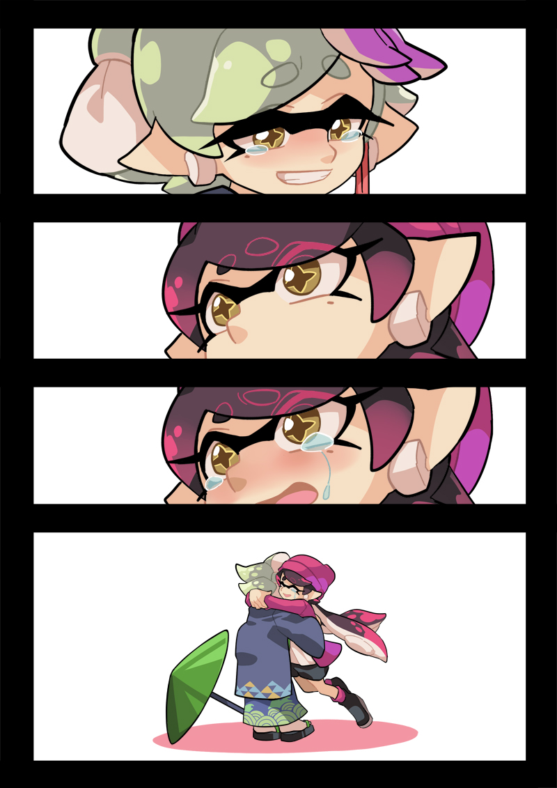aori_(splatoon) beanie black_border boots border comic cousins crying crying_with_eyes_open earrings glomp good_end grin happy happy_tears hat hotaru_(splatoon) hug japanese_clothes jewelry kimono multiple_girls pointy_ears purple_hair sandals silver_hair smile splatoon_(series) splatoon_2 tears tentacle_hair wong_ying_chee woollen_cap