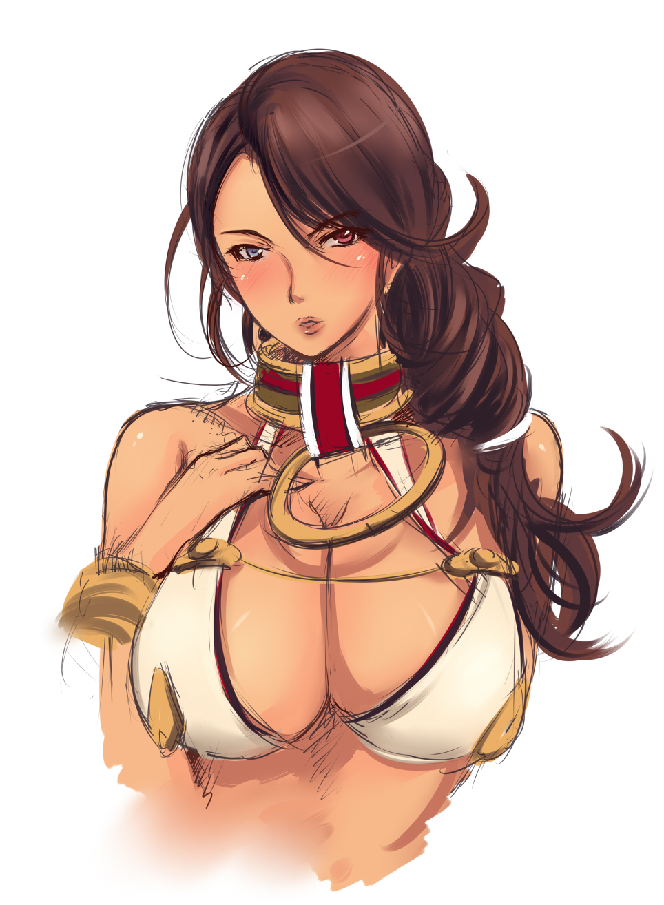 armband bikini bikini_top blush braid branwen breasts brown_hair collar commentary_request hand_on_own_chest heterochromia highres katori_(mocchidou) large_breasts long_hair looking_at_viewer low_braid low_ponytail queen's_blade queen's_blade_rebellion side_braid slave solo swimsuit tan warrior