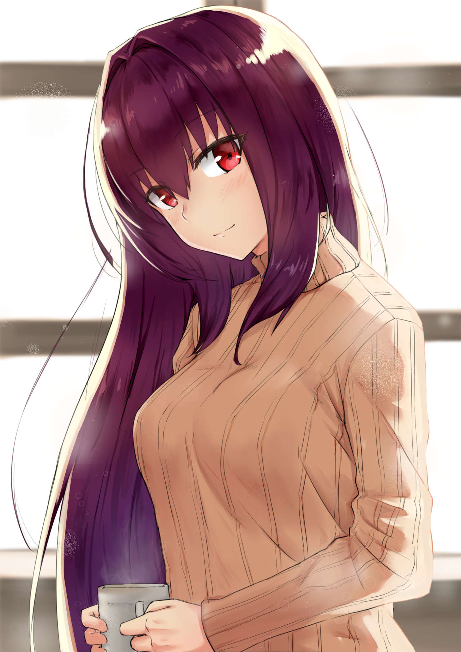 blush cup fate/grand_order fate_(series) hair_intakes highres holding holding_cup light_smile long_hair looking_at_viewer m_kong mug purple_hair red_eyes ribbed_sweater scathach_(fate)_(all) scathach_(fate/grand_order) sweater very_long_hair window