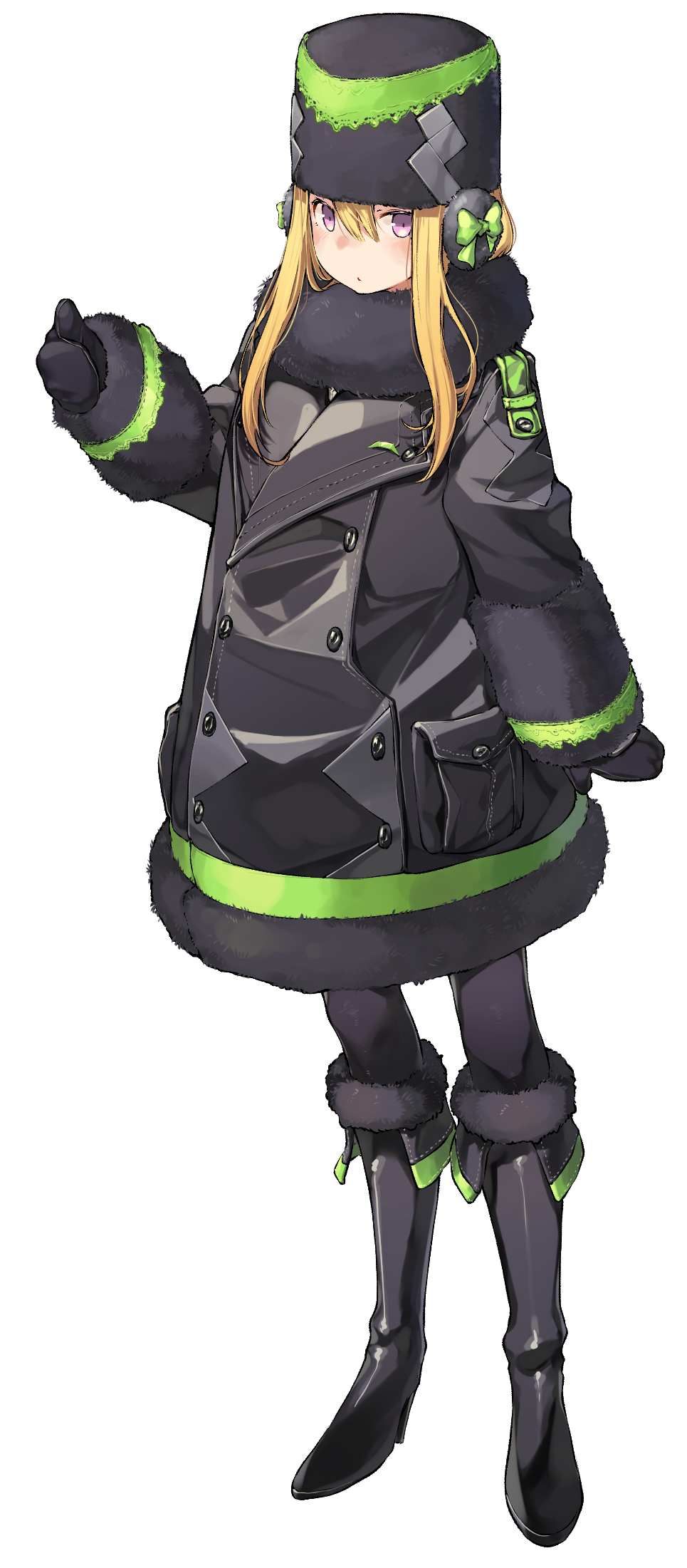 bangs black_coat black_footwear black_legwear black_mittens blonde_hair blush boots bow closed_mouth coat commentary_request darling_in_the_franxx earmuffs full_body fur-trimmed_boots fur-trimmed_coat fur_collar fur_hat fur_trim genista_(darling_in_the_franxx) green_bow hair_between_eyes hat high_heel_boots high_heels highres humanization kei_(soundcross) knee_boots long_hair looking_at_viewer mittens pantyhose purple_eyes sidelocks simple_background standing thumbs_up ushanka white_background