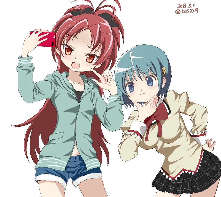 :3 black_bow blue_eyes blue_hair blue_shorts blush bow cellphone chin_stroking dated fang hair_bow hair_ornament hairclip holding holding_phone hood hoodie leaning_forward long_hair long_sleeves looking_at_phone mahou_shoujo_madoka_magica miki_sayaka miniskirt multiple_girls navel open_mouth phone pleated_skirt ponytail red_bow red_eyes red_hair sakura_kyouko school_uniform short_hair shorts simple_background skirt smartphone toshi_(little-fluffy-cloud) very_long_hair white_background