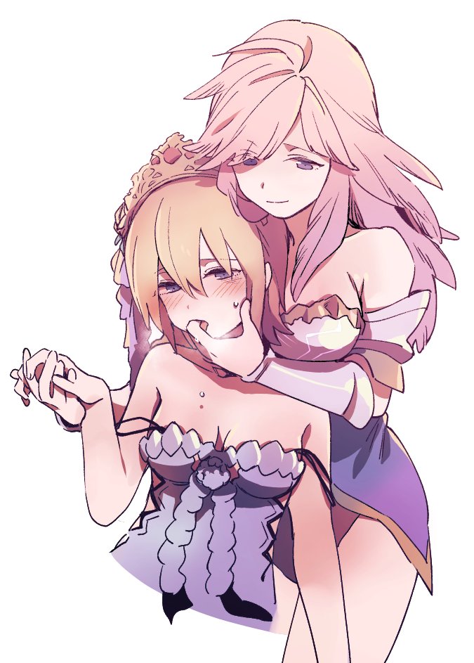 bare_shoulders blue_eyes blush breasts crown europa_(granblue_fantasy) finger_in_mouth flower gabriel_(granblue_fantasy) granblue_fantasy hair_flower hair_ornament holding_hands large_breasts multiple_girls pink_hair saliva takishima_asaka white_background yuri