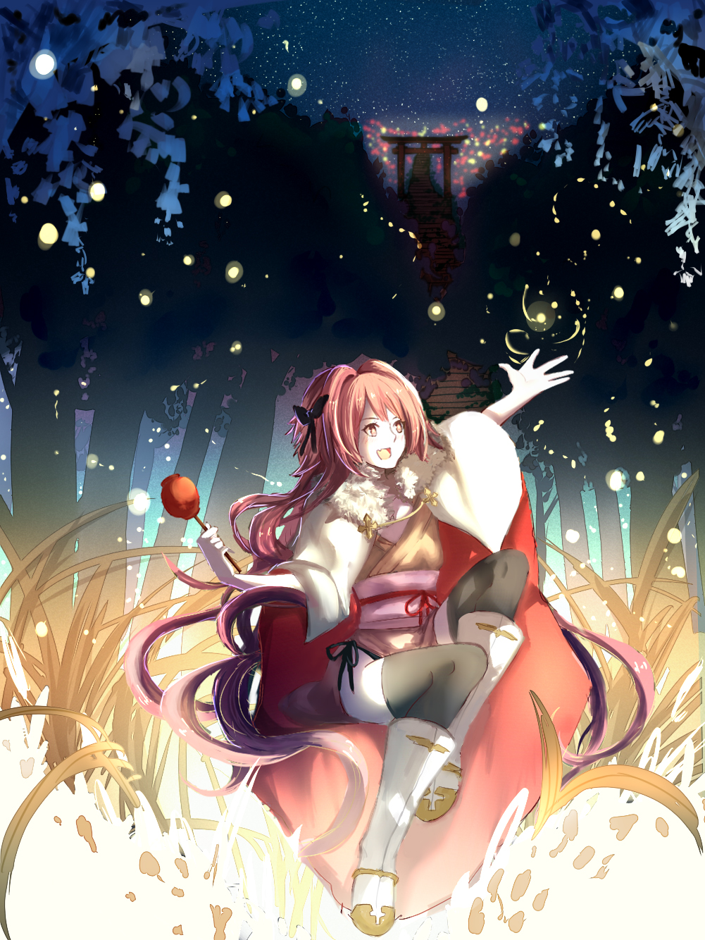 :d alternate_hairstyle arm_up astolfo_(fate) bangs black_bow black_legwear blue_sky blush boots bow candy_apple cloak collarbone commentary_request fang fate/apocrypha fate_(series) fireflies food forest full_body fur-trimmed_cloak fur_collar glowing grass hair_bow hair_intakes hand_up highres holding holding_food japanese_clothes kimono knee_boots knee_up long_hair long_sleeves looking_afar male_focus mingmu multicolored_hair nature night night_sky obi obijime open_mouth orange_kimono otoko_no_ko outdoors outstretched_arm outstretched_hand pink_hair purple_eyes reaching sash side_slit sitting sky smile solo star_(sky) starry_sky streaked_hair summer_festival thighhighs torii tree two-tone_hair very_long_hair white_cloak white_footwear white_hair yukata
