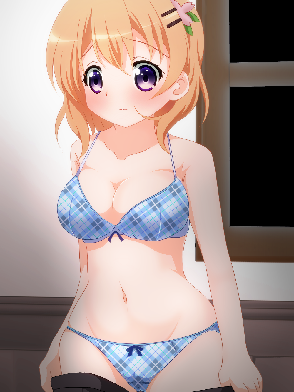 black_skirt blue_bra blue_panties blush bow bow_bra bow_panties bra breasts cleavage closed_mouth cowboy_shot crotch_seam gochuumon_wa_usagi_desu_ka? hair_ornament hairclip highres hoto_cocoa indoors light_frown looking_at_viewer medium_breasts medium_hair navel no_shirt nora_ichigo orange_hair panties plaid plaid_bra plaid_panties purple_eyes skindentation skirt skirt_pull solo standing underwear undressing