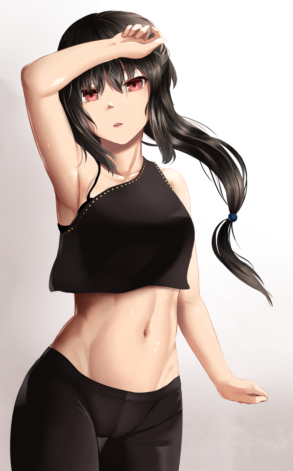 arm_on_head armpits bare_shoulders black_bra black_hair black_pants black_shirt bra cameltoe collarbone crop_top hair_ornament highres long_hair looking_at_viewer low-tied_long_hair mengo navel original pants parted_lips red_eyes shirt skin_tight solo standing stomach sweat toned underwear