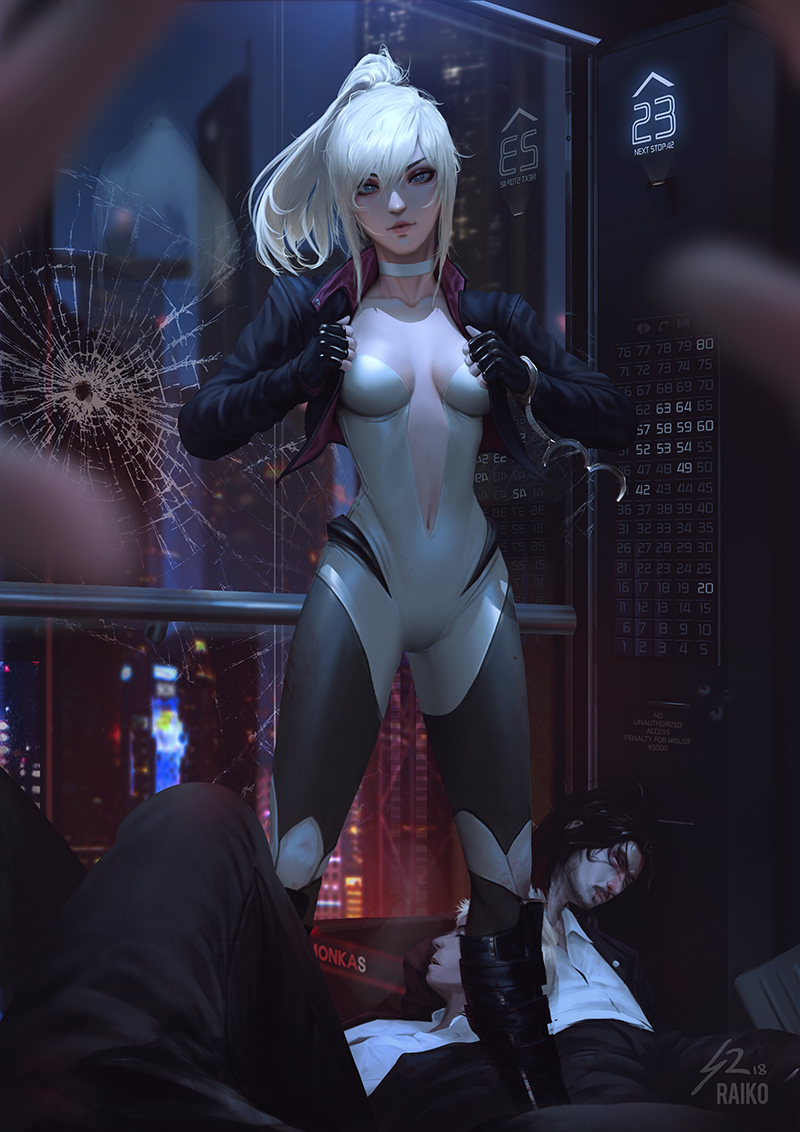 3boys black_gloves blonde_hair blue_eyes blurry_foreground boots breasts bullet_hole choker city cleavage closed_mouth cuffs elevator fingerless_gloves gloves handcuffs jacket leotard lips looking_at_viewer lying medium_breasts multiple_boys navel night on_back open_clothes open_jacket original pale_skin ponytail pov raikoart science_fiction short_hair solo_focus tess_turner watermark white_choker window