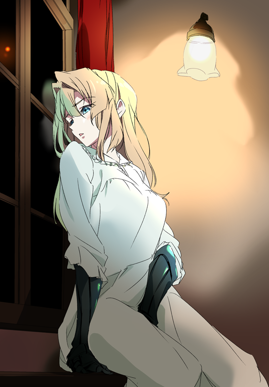 arm_support between_legs blonde_hair blue_eyes blush dress fingering hair_intakes hand_between_legs lamp long_hair looking_back masturbation mechanical_arms nightgown open_mouth sitting solo umanosuke violet_evergarden violet_evergarden_(character) white_dress window