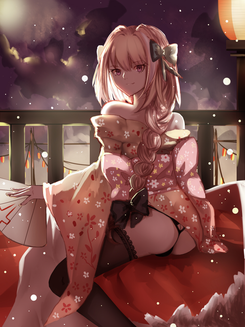 ass ass_cutout astolfo_(fate) backlighting bangs bare_shoulders black_bow black_legwear black_panties bow braid bulge butt_crack closed_mouth cloud cloudy_sky commentary_request eyebrows_visible_through_hair fan fang fang_out fate/apocrypha fate_(series) floral_print folding_fan from_behind g-string hair_between_eyes hair_bow hair_intakes highres holding holding_fan japanese_clothes kimono lace lace-trimmed_thighhighs light_smile long_hair long_sleeves looking_at_viewer looking_back male_focus mingmu multicolored_hair night night_sky obi off_shoulder orange_kimono otoko_no_ko outdoors panties pantyshot pantyshot_(sitting) penis_in_panties pink_hair print_kimono purple_eyes purple_sky sash single_braid sitting sky solo star_(sky) starry_sky streaked_hair summer_festival thighhighs thong two-tone_hair underwear white_hair wide_sleeves yukata
