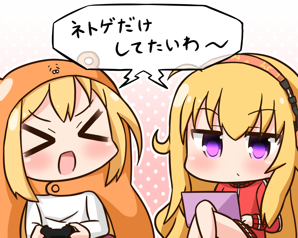 &gt;_&lt; :d ahoge animal_hood bangs blonde_hair blush chibi closed_eyes closed_mouth commentary_request company_connection computer controller crossover doma_umaru douga_koubou eyebrows_visible_through_hair facing_another gabriel_dropout game_controller gradient gradient_background hair_between_eyes hamster_costume hamster_hood hana_kazari headphones himouto!_umaru-chan holding hood hood_up jacket laptop long_hair long_sleeves looking_down multiple_girls open_mouth pink_background polka_dot polka_dot_background purple_eyes red_jacket shirt sitting smile tenma_gabriel_white track_jacket trait_connection translated very_long_hair white_background white_shirt xd