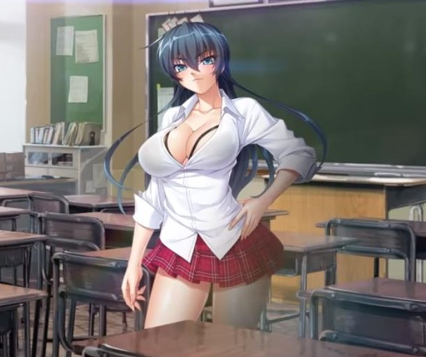 aqua_eyes black_hair bra breasts classroom cleavage igawa_asagi kagami_hirotaka large_breasts lilith-soft long_hair looking_at_viewer miniskirt pleated_skirt red_skirt school_uniform skirt taimanin_(series) taimanin_asagi taimanin_asagi_zero underwear