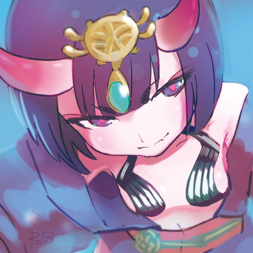 bangs bare_shoulders blue_background blunt_bangs breasts closed_mouth eyebrows_visible_through_hair eyeshadow fang fate/grand_order fate_(series) from_above headpiece japanese_clothes looking_away looking_to_the_side makeup midriff oni oni_horns pink_pupils purple_eyes purple_hair reiesu_(reis) revealing_clothes short_hair shuten_douji_(fate/grand_order) signature small_breasts smile solo tsurime