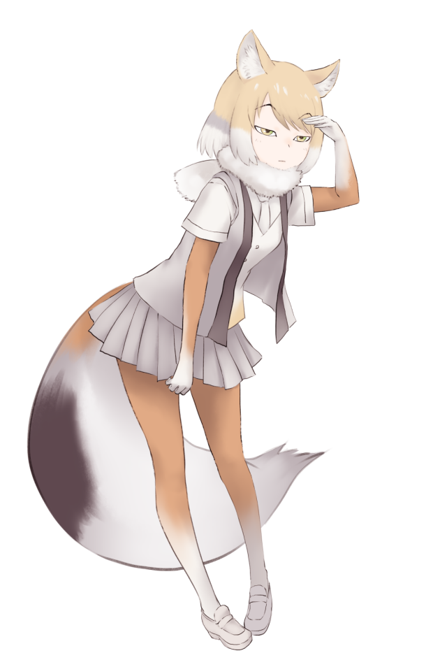 animal_ears bangs blonde_hair bodysuit breasts buttons closed_mouth eyebrows eyebrows_visible_through_hair fox_ears fox_tail full_body fur_collar grey_hair grey_skirt hand_over_eye hand_up ise_(0425) kemono_friends leaning leaning_forward loafers looking_away miniskirt multicolored multicolored_clothes multicolored_legwear necktie open_clothes open_shirt pantyhose pigeon-toed pleated_skirt shoes short_hair short_sleeves simple_background skirt small_breasts solo standing swept_bangs tail tibetan_sand_fox_(kemono_friends) vest white_background white_footwear white_hair white_neckwear yellow_eyes
