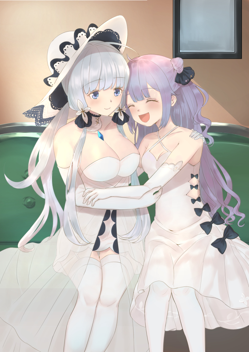 :d ^_^ ahoge azur_lane bad_id bad_pixiv_id bad_revision bangs bare_shoulders black_bow black_ribbon blue_eyes bow breasts cleavage closed_eyes closed_mouth collarbone commentary_request couch criss-cross_halter downscaled_revision dress eikura elbow_gloves eyebrows_visible_through_hair gloves hair_bun hair_ornament hair_ribbon halterneck hand_on_another's_shoulder hat illustrious_(azur_lane) indoors large_breasts long_hair low_ponytail multiple_girls on_couch one_side_up open_mouth ponytail purple_hair ribbon side_bun sidelocks silver_hair sitting small_breasts smile thighhighs tress_ribbon unicorn_(azur_lane) very_long_hair white_dress white_gloves white_hat white_legwear