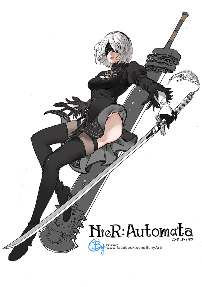 b.c.n.y. black_blindfold black_dress black_hairband blindfold boots cleavage_cutout commentary covered_eyes dress english_commentary feather-trimmed_sleeves hairband high_heel_boots high_heels holding holding_sword holding_weapon juliet_sleeves long_sleeves mole mole_under_mouth nier_(series) nier_automata pink_lips puffy_sleeves silver_hair solo sword thigh_boots thighhighs thighhighs_under_boots vambraces weapon yorha_no._2_type_b