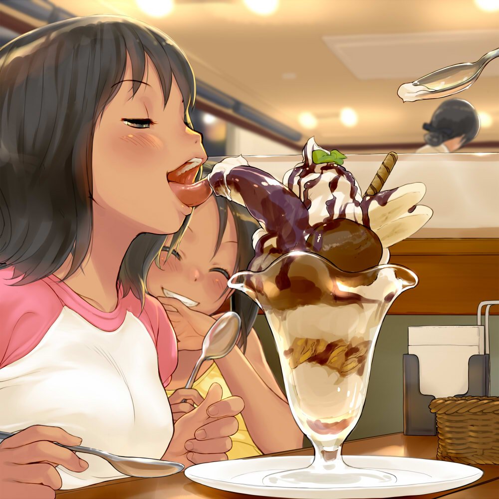 ^_^ basket black_eyes black_hair blush booth ceiling chocolate_syrup clenched_teeth closed_eyes food from_side grin half-closed_eyes hand_to_own_mouth holding holding_spoon ice_cream indoors kikurage_(crayon_arts) licking multiple_girls napkin open_mouth original parfait plate raglan_sleeves restaurant sexually_suggestive short_hair smile spoon sundae teeth tongue tongue_out wafer_stick whipped_cream