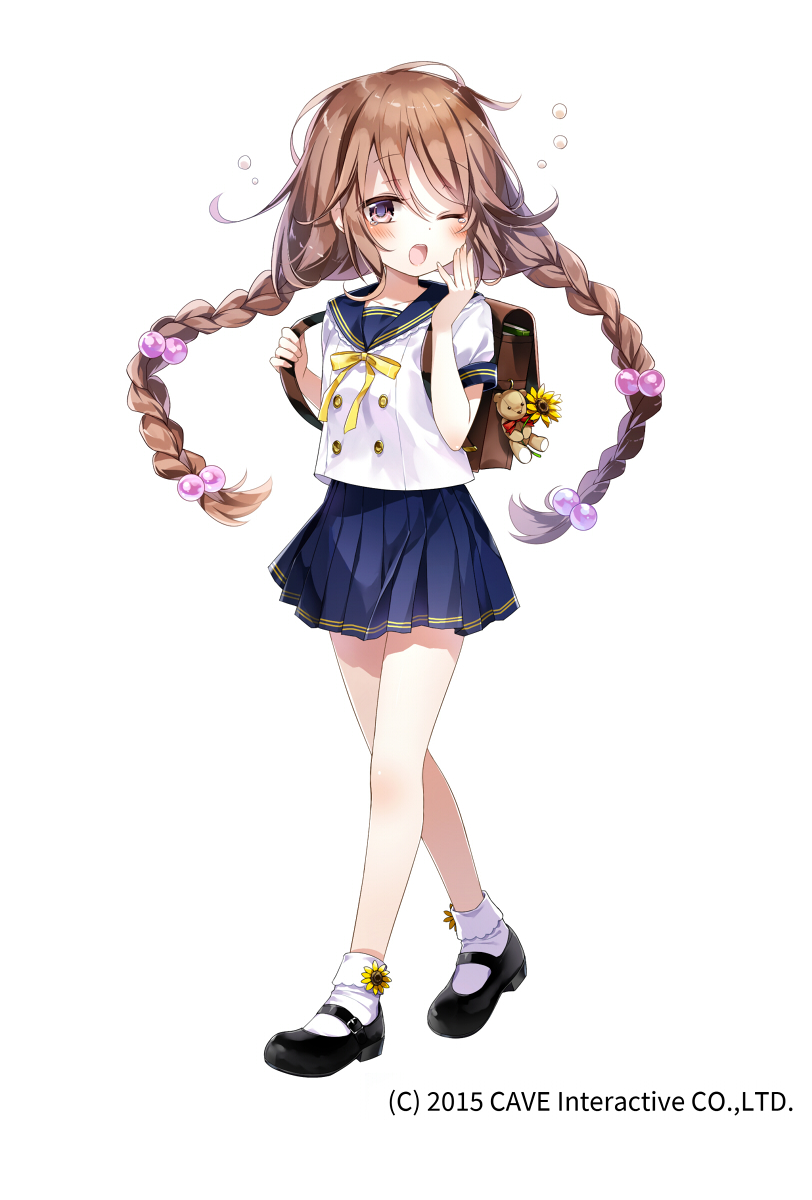 2015 amy_(gothic_wa_mahou_otome) backpack bag bangs black_footwear blush bobby_socks bookbag braid brown_hair buckle collarbone commentary_request company_name double-breasted emia_(castilla) eyebrows_visible_through_hair floating_hair flower full_body gothic_wa_mahou_otome hair_between_eyes hair_bobbles hair_ornament hands_up highres holding_strap long_hair looking_at_viewer looking_to_the_side low_twintails mary_janes navy_blue_skirt neck_ribbon official_art one_eye_closed open_mouth pink_eyes pleated_skirt ribbon school_bag school_uniform serafuku shiny shiny_hair shoes short_sleeves simple_background skirt socks solo standing stuffed_animal stuffed_toy sunflower tareme tearing_up teddy_bear twin_braids twintails very_long_hair walking white_background white_legwear yawning yellow_flower yellow_neckwear yellow_ribbon